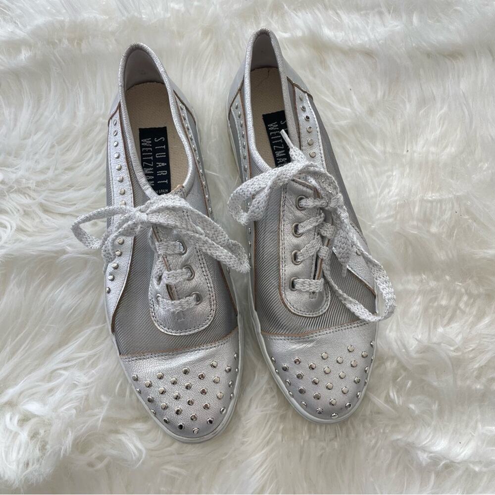 Stuart Weitzman | Women’s Silver Mesh Studded Studs Embellished Sneakers Shoes 7 - Picture 3 of 10